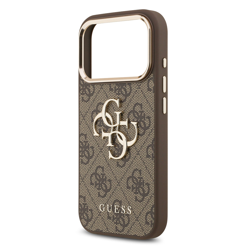 Apple iPhone 17 Pro Max Case Guess Original Licensed Gold Metal Camera Frame 4G Patterned Metal Big 4G and Text Logo Cover Pink