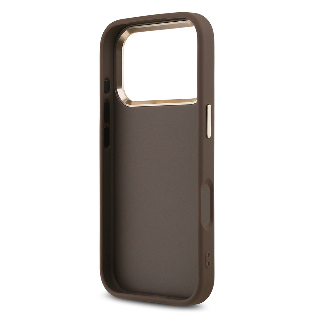 Apple iPhone 17 Pro Max Case Guess Original Licensed Gold Metal Camera Frame 4G Patterned Metal Big 4G and Text Logo Cover Brown