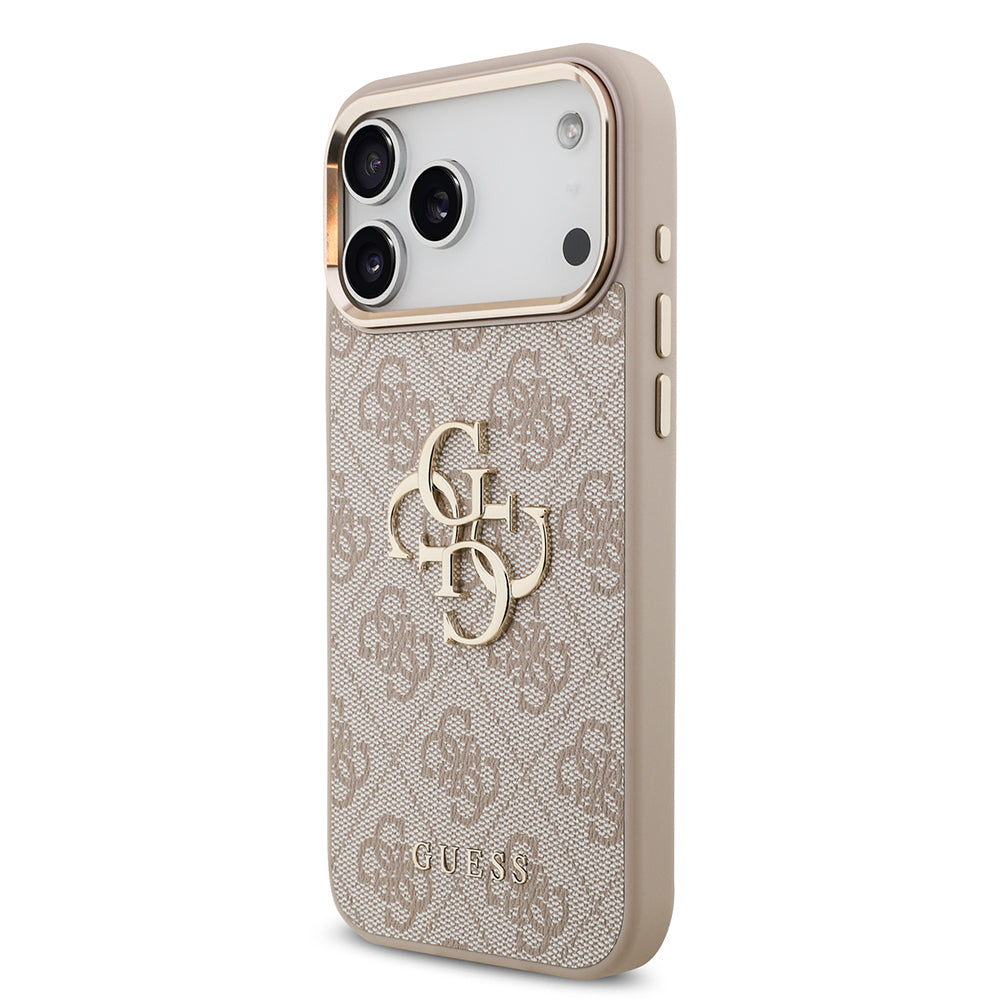 Apple iPhone 17 Pro Max Case Guess Original Licensed Gold Metal Camera Frame 4G Patterned Metal Big 4G and Text Logo Cover Pink