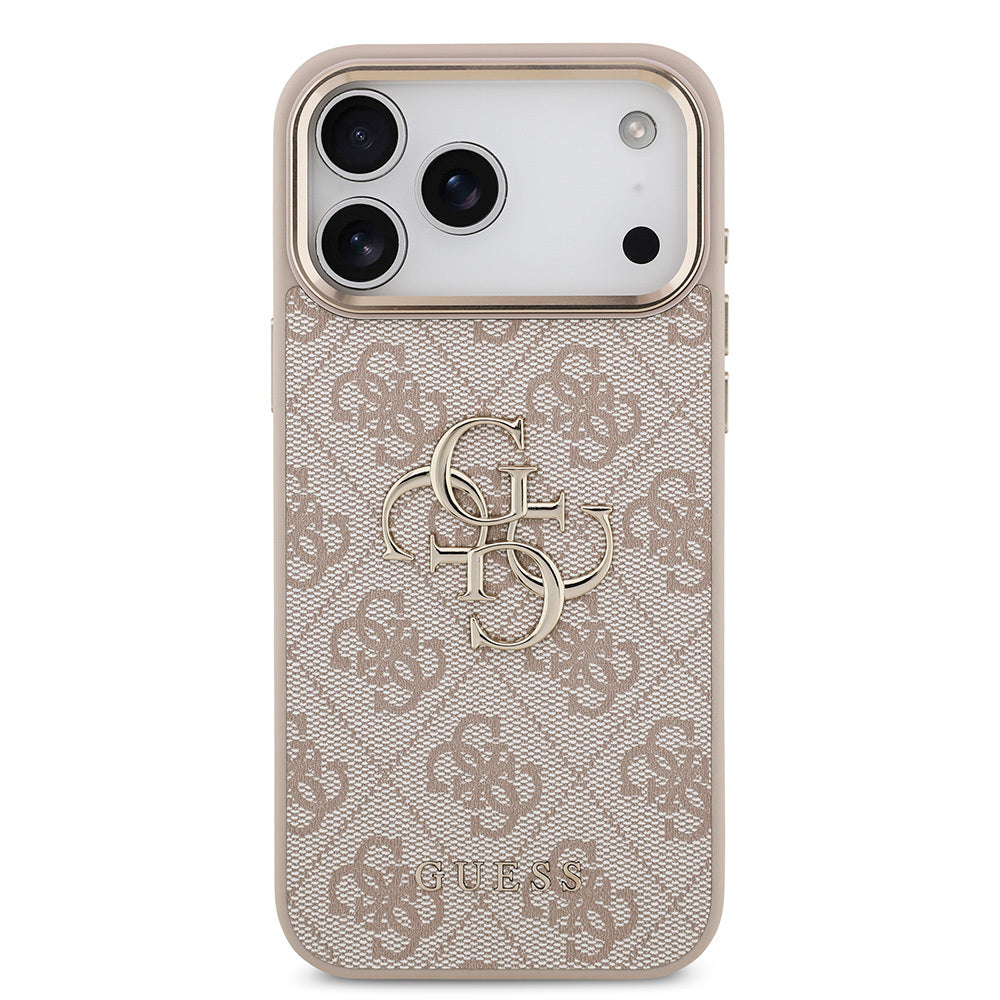Apple iPhone 17 Pro Max Case Guess Original Licensed Gold Metal Camera Frame 4G Patterned Metal Big 4G and Text Logo Cover Pink
