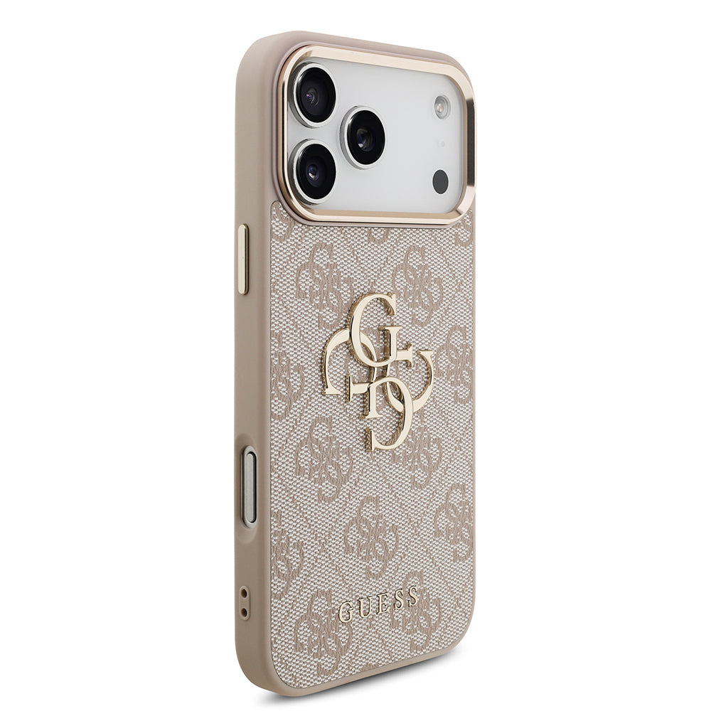Apple iPhone 17 Pro Max Case Guess Original Licensed Gold Metal Camera Frame 4G Patterned Metal Big 4G and Text Logo Cover Pink