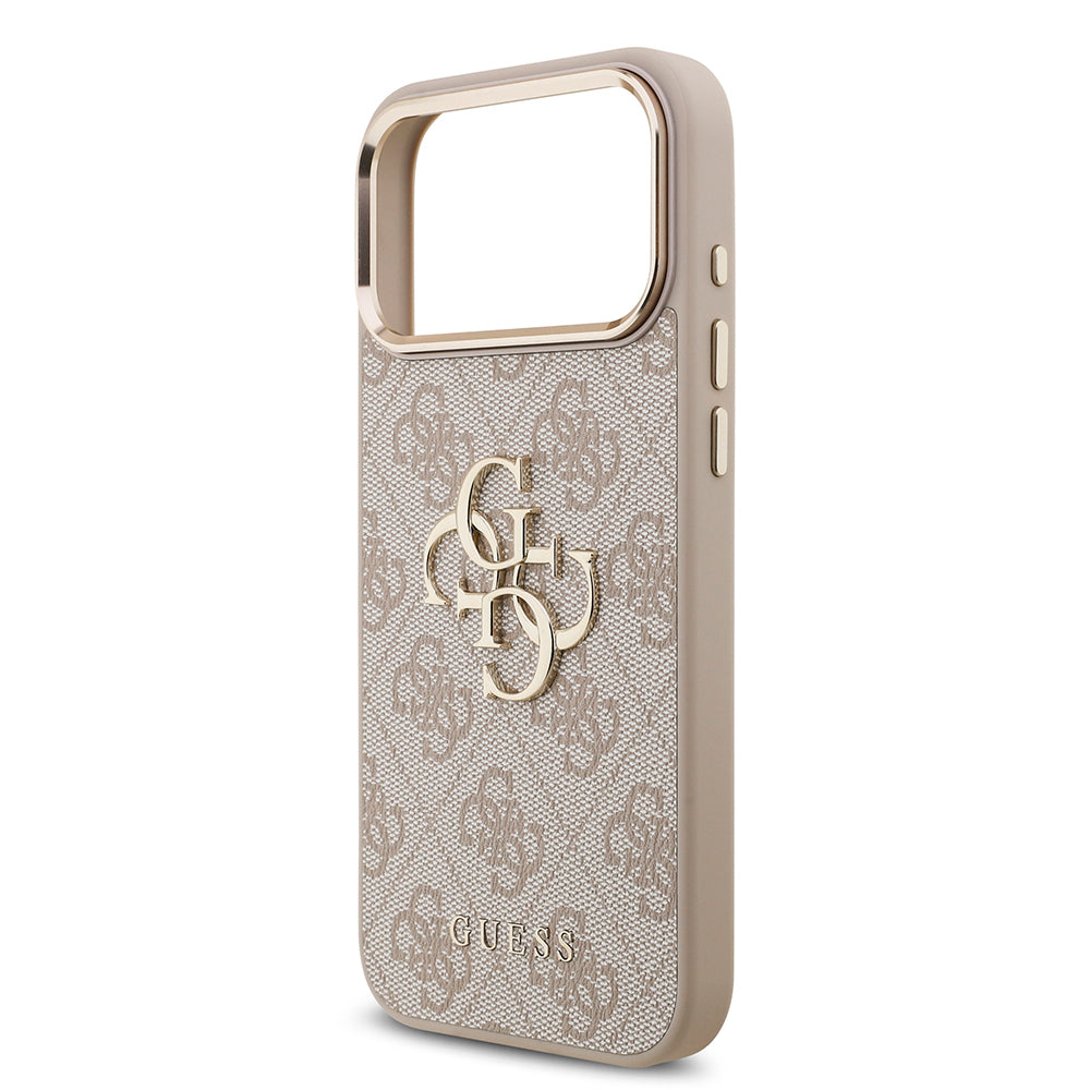 Apple iPhone 17 Pro Max Case Guess Original Licensed Gold Metal Camera Frame 4G Patterned Metal Big 4G and Text Logo Cover Pink