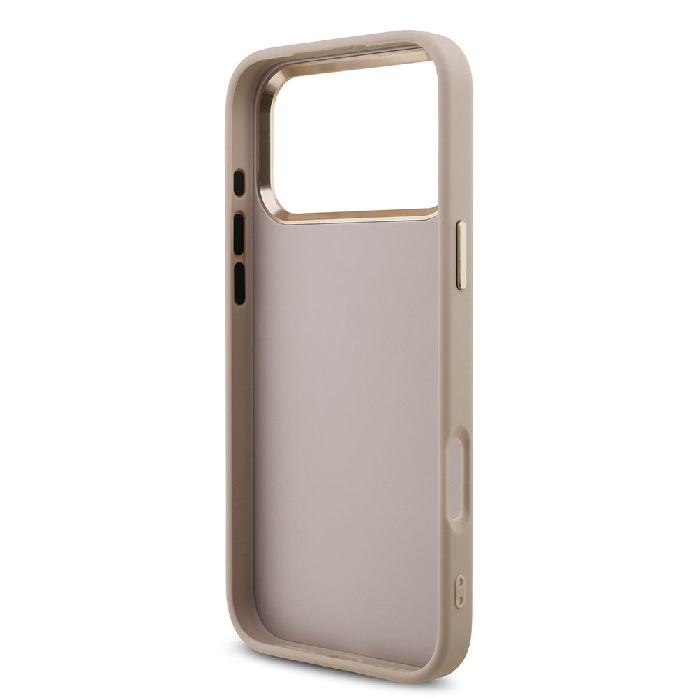 Apple iPhone 17 Pro Max Kılıf Guess Orjinal Lisanslı Gold Metal Kamera Çerçeveli 4G Desenli Metal Büyük 4G ve Yazı Logolu Kapak Pembe