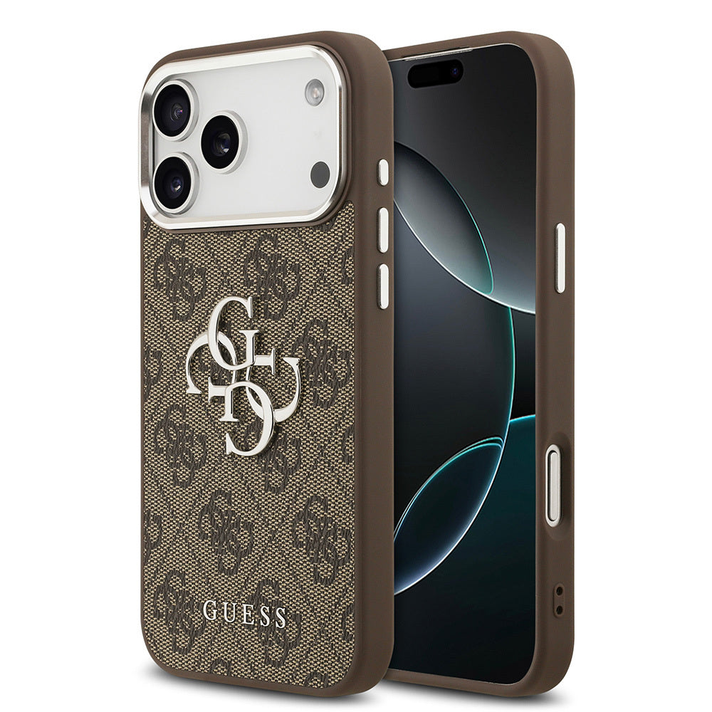 Apple iPhone 17 Pro Max Kılıf Guess Orjinal Lisanslı Gümüş Metal Kamera Çerçeveli 4G Desenli Metal Büyük 4G ve Yazı Logolu Kapak
