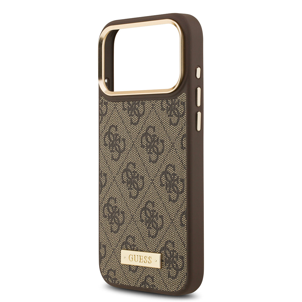 Apple iPhone 17 Pro Max Kılıf Guess Orjinal Lisanslı M-safe Şarj Özellikli 4G Desenli PU Metal Plaka Klasik Logolu Kapak Pembe