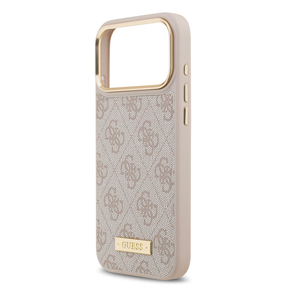 Apple iPhone 17 Pro Max Kılıf Guess Orjinal Lisanslı M-safe Şarj Özellikli 4G Desenli PU Metal Plaka Klasik Logolu Kapak Kahverengi