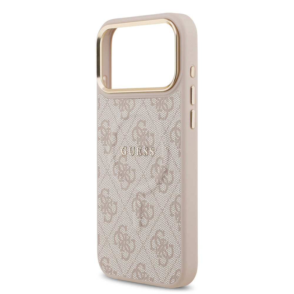 Apple iPhone 17 Pro Max Case Guess Original Licensed M-safe Charging Feature Gold Metal Camera Frame PU Leather 4G Patterned Text Logo Cover Brown