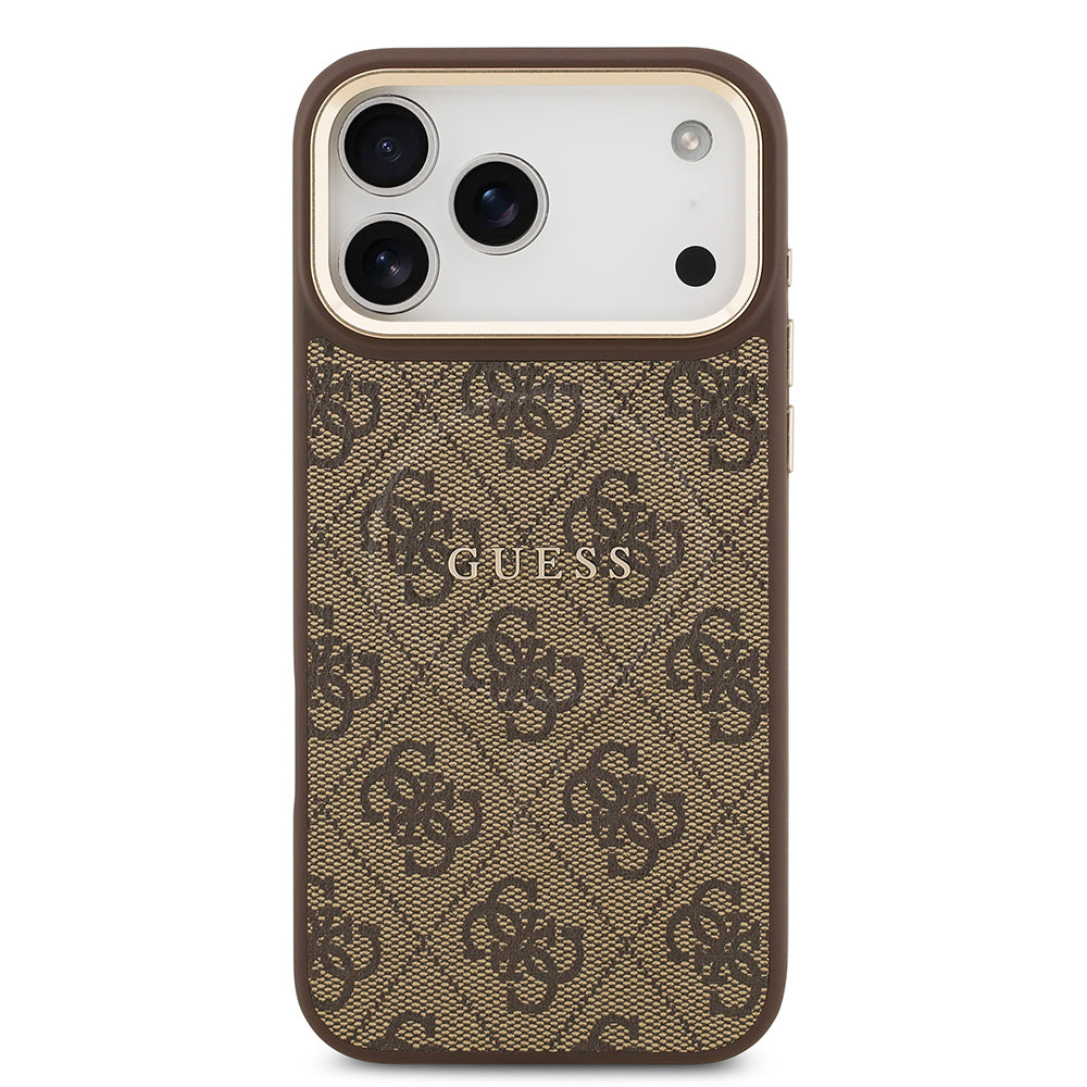 Apple iPhone 17 Pro Max Case Guess Original Licensed M-safe Charging Feature Gold Metal Camera Frame PU Leather 4G Patterned Text Logo Cover Black