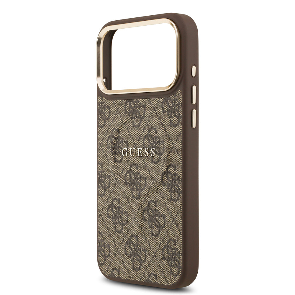 Apple iPhone 17 Pro Max Case Guess Original Licensed M-safe Charging Feature Gold Metal Camera Frame PU Leather 4G Patterned Text Logo Cover Pink