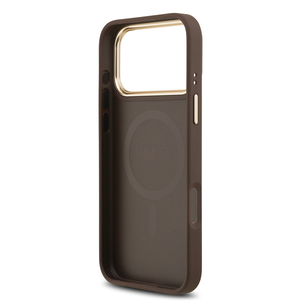 Apple iPhone 17 Pro Max Case Guess Original Licensed M-safe Charging Feature Gold Metal Camera Frame PU Leather 4G Patterned Text Logo Cover Brown