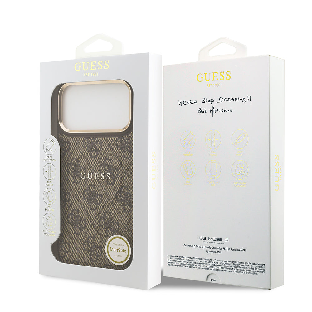 Apple iPhone 17 Pro Max Case Guess Original Licensed M-safe Charging Feature Gold Metal Camera Frame PU Leather 4G Patterned Text Logo Cover Brown
