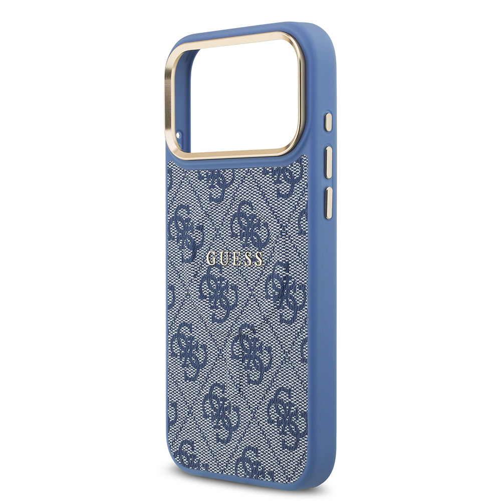 Apple iPhone 17 Pro Max Kılıf Guess Orjinal Lisanslı M-safe Şarj Özellikli Gold Metal Kamera Çerçeveli PU Deri 4G Desenli Yazı Logolu Kapak Siyah