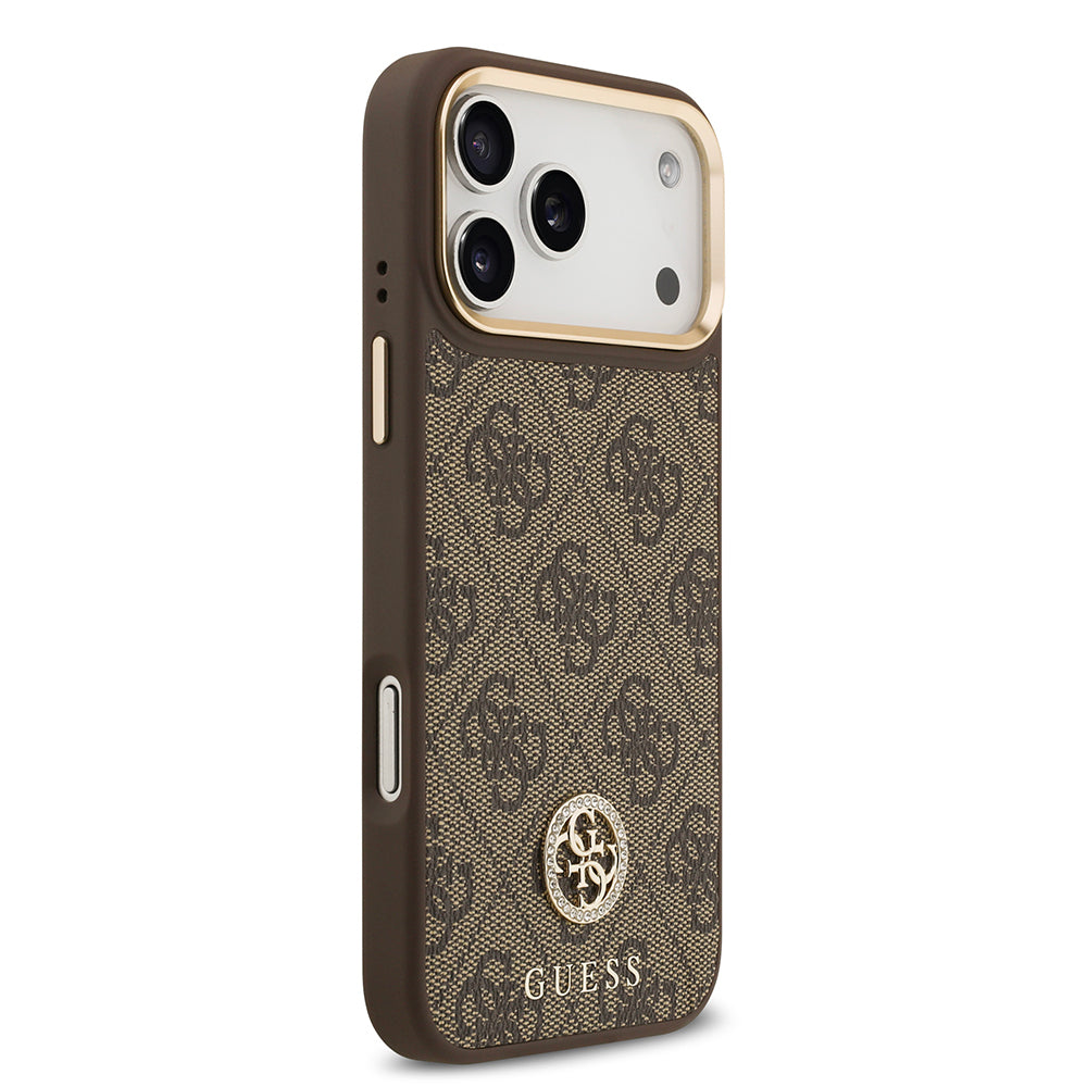 Apple iPhone 17 Pro Max Case Guess Original Licensed M-safe Charging Feature Gold Metal Camera Frame Stone 4G Logo Cover Brown