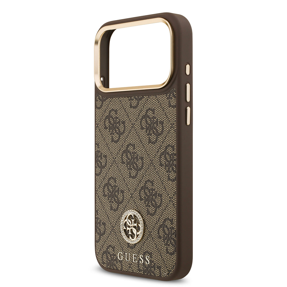 Apple iPhone 17 Pro Max Case Guess Original Licensed M-safe Charging Feature Gold Metal Camera Frame Stone 4G Logo Cover Brown