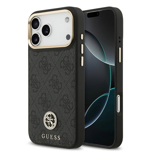 Apple iPhone 17 Pro Max Case Guess Original Licensed M-safe Charging Feature Gold Metal Camera Frame Stone 4G Logo Cover Black