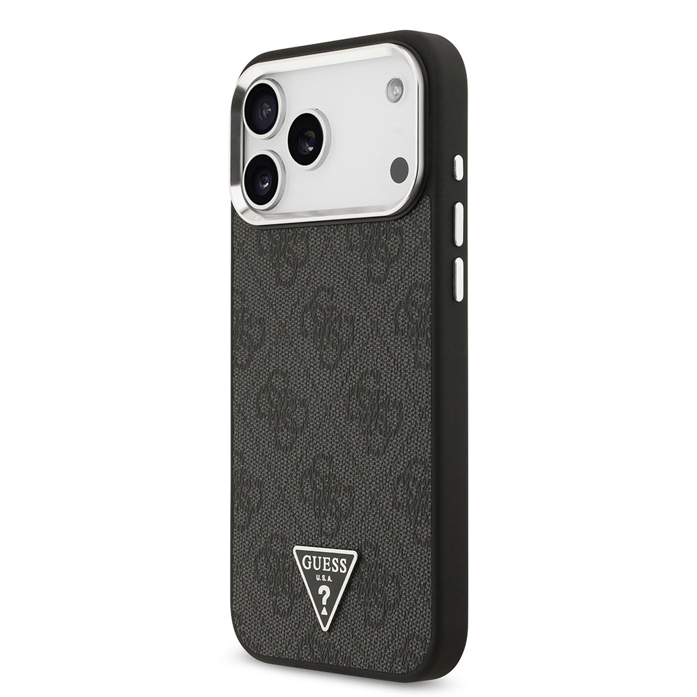 Apple iPhone 17 Pro Max Kılıf Guess Orjinal Lisanslı M-safe Şarj Özellikli Gold Metal Kamera Çerçeveli Taşlı Üçgen Logo 4G Desenli Kapak Kahverengi