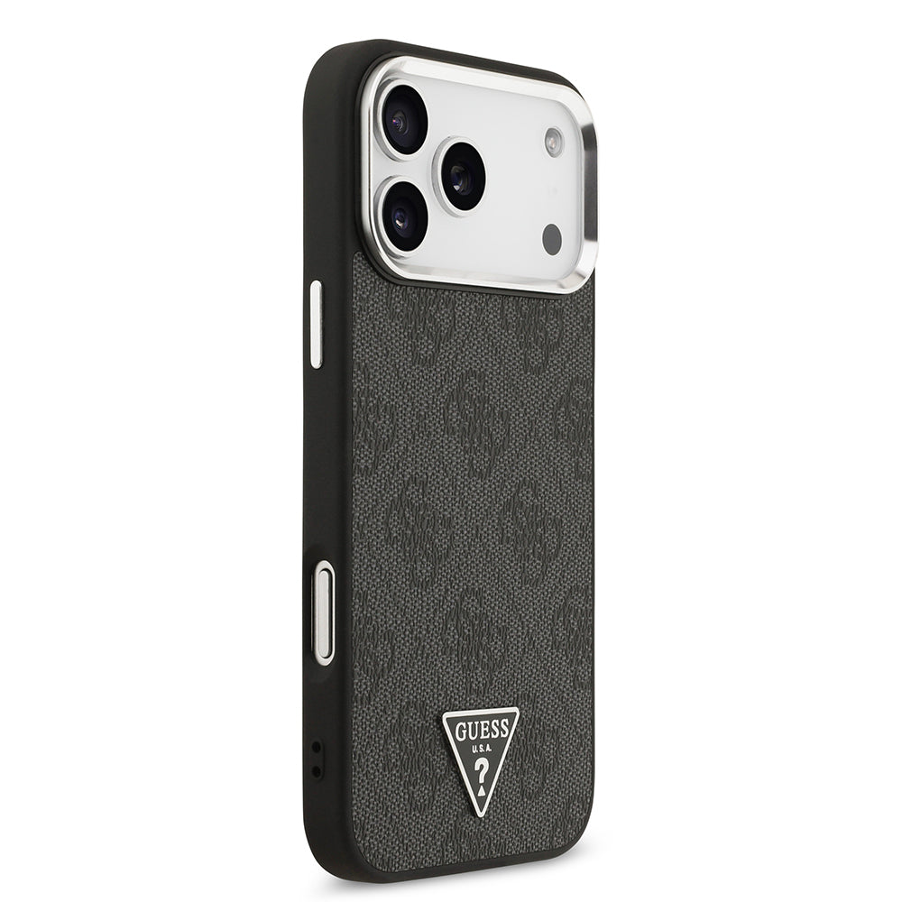 Apple iPhone 17 Pro Max Case Guess Original Licensed M-safe Charging Feature Gold Metal Camera Frame Stone Triangle Logo 4G Patterned Cover Brown