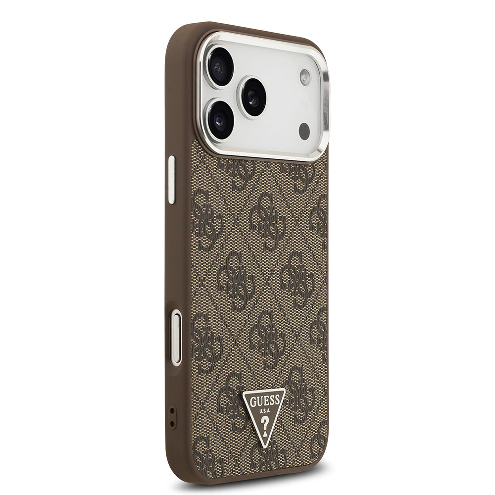 Apple iPhone 17 Pro Max Kılıf Guess Orjinal Lisanslı M-safe Şarj Özellikli Gold Metal Kamera Çerçeveli Taşlı Üçgen Logo 4G Desenli Kapak Siyah