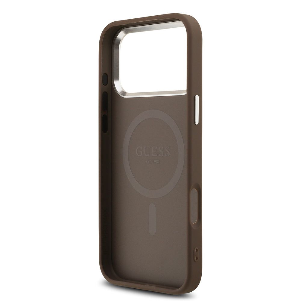 Apple iPhone 17 Pro Max Case Guess Original Licensed M-safe Charging Feature Gold Metal Camera Frame Stone Triangle Logo 4G Patterned Cover Brown