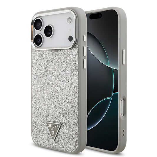 Apple iPhone 17 Pro Max Kılıf Guess Orjinal Lisanslı M-safe Şarj Özellikli Metal Kamera Çerçeveli Üçgen Logolu Glitter Kapak