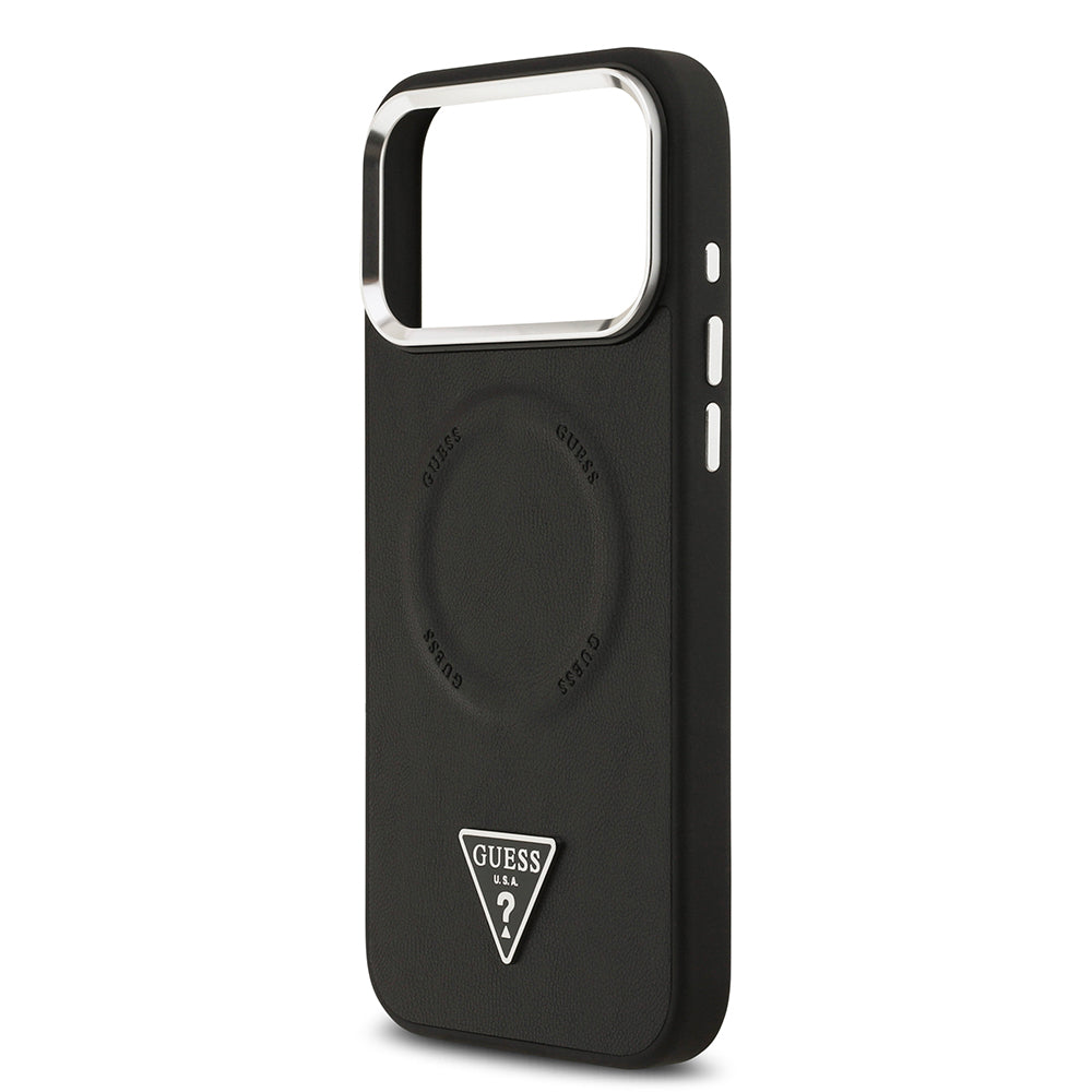 Apple iPhone 17 Pro Max Case Guess Original Licensed M-safe Charging Function PU Leather Metal Camera Frame Triangle Logo Cover Black