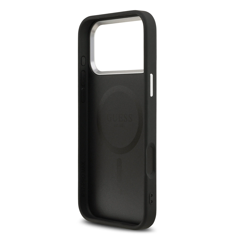 Apple iPhone 17 Pro Max Case Guess Original Licensed M-safe Charging Function PU Leather Metal Camera Frame Triangle Logo Cover Black