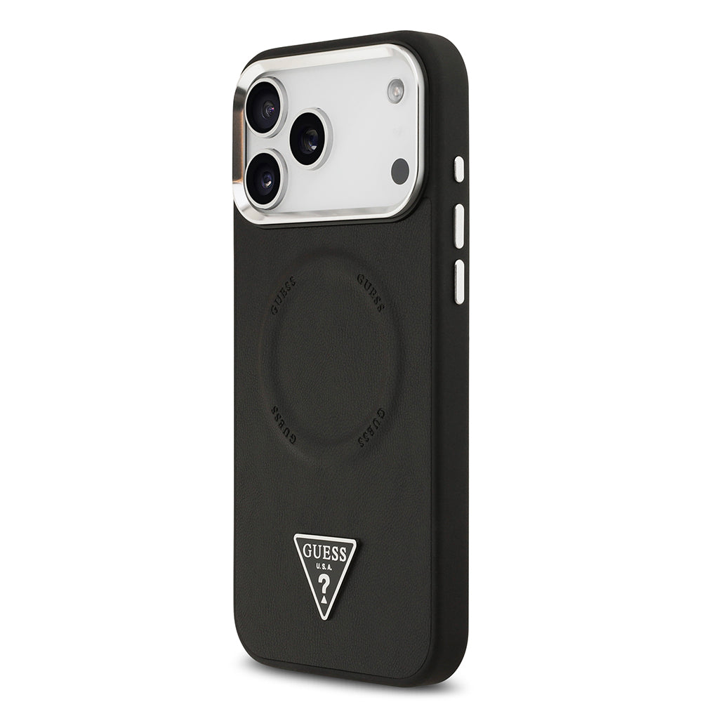 Apple iPhone 17 Pro Max Case Guess Original Licensed M-safe Charging Function PU Leather Metal Camera Frame Triangle Logo Cover Black