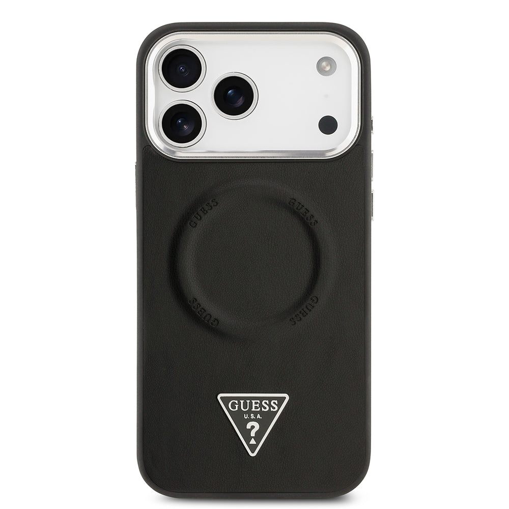 Apple iPhone 17 Pro Max Case Guess Original Licensed M-safe Charging Function PU Leather Metal Camera Frame Triangle Logo Cover Black