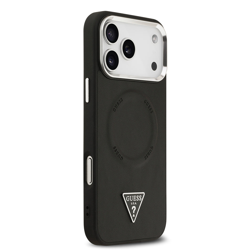 Apple iPhone 17 Pro Max Case Guess Original Licensed M-safe Charging Function PU Leather Metal Camera Frame Triangle Logo Cover Black