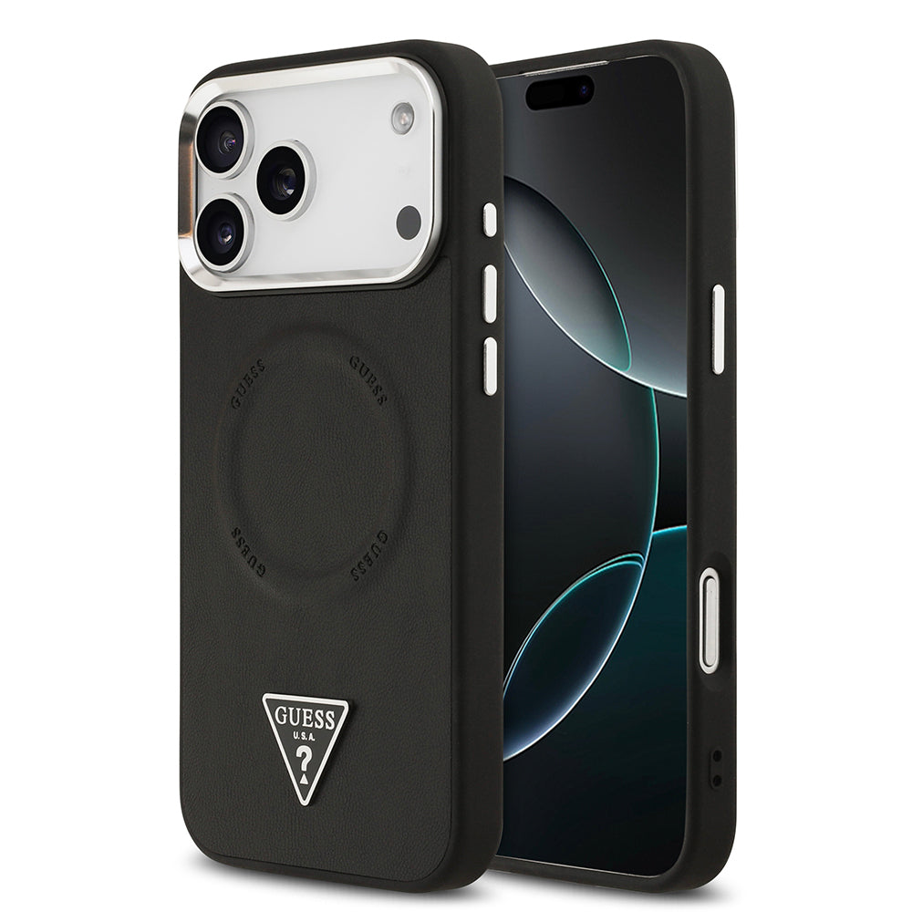 Apple iPhone 17 Pro Max Case Guess Original Licensed M-safe Charging Function PU Leather Metal Camera Frame Triangle Logo Cover Black