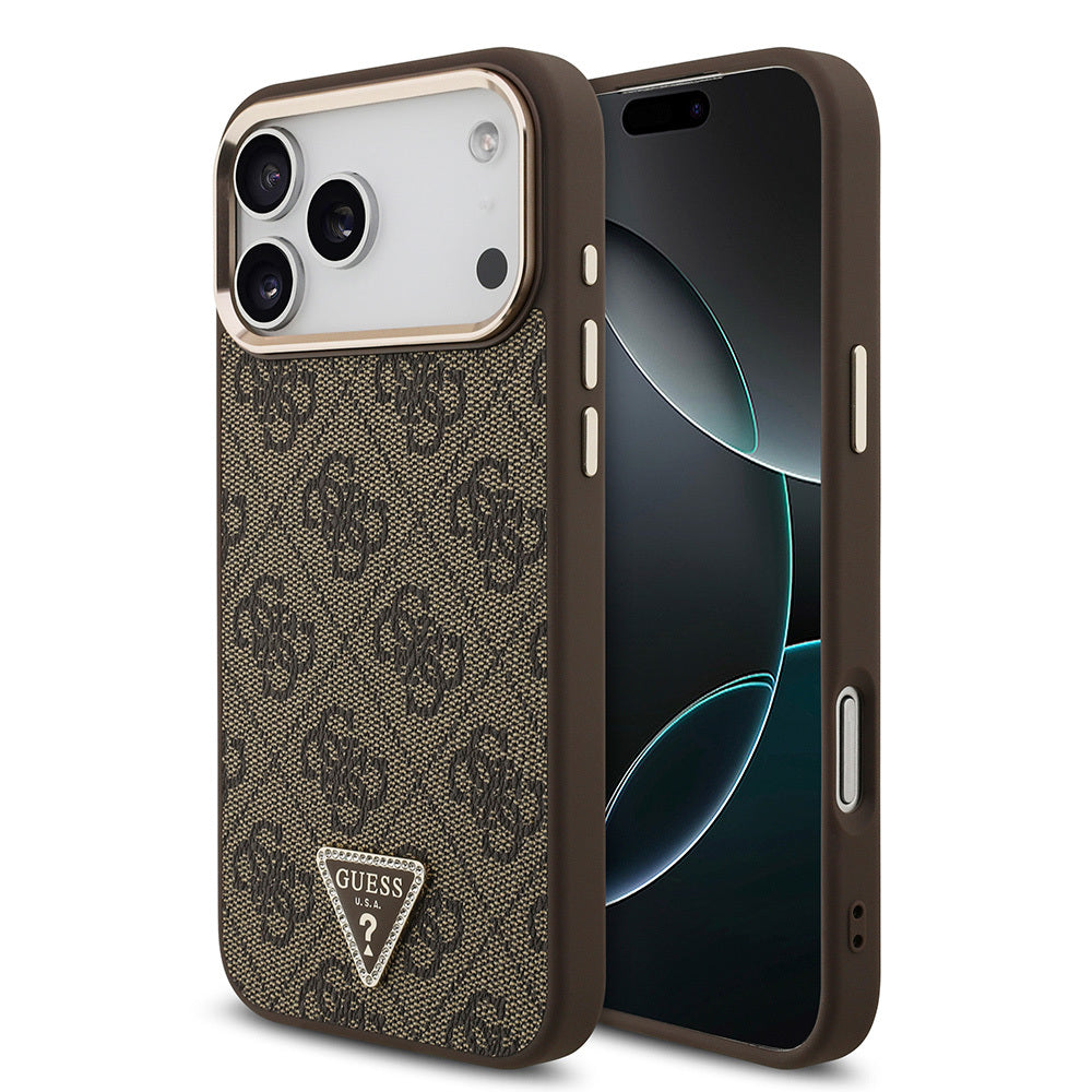 Apple iPhone 17 Pro Max Kılıf Guess Orjinal Lisanslı M-safe Şarj Özellikli Taşlı Üçgen Logo 4G Desenli Kapak