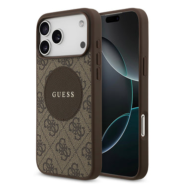 Apple iPhone 17 Pro Max Kılıf Guess Orjinal Lisanslı M-safe Şarj Özellikli Yazı Logolu Circle Classic Kapak Kahverengi