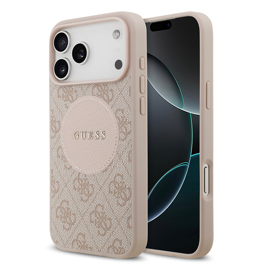 Apple iPhone 17 Pro Max Kılıf Guess Orjinal Lisanslı M-safe Şarj Özellikli Yazı Logolu Circle Classic Kapak Pembe