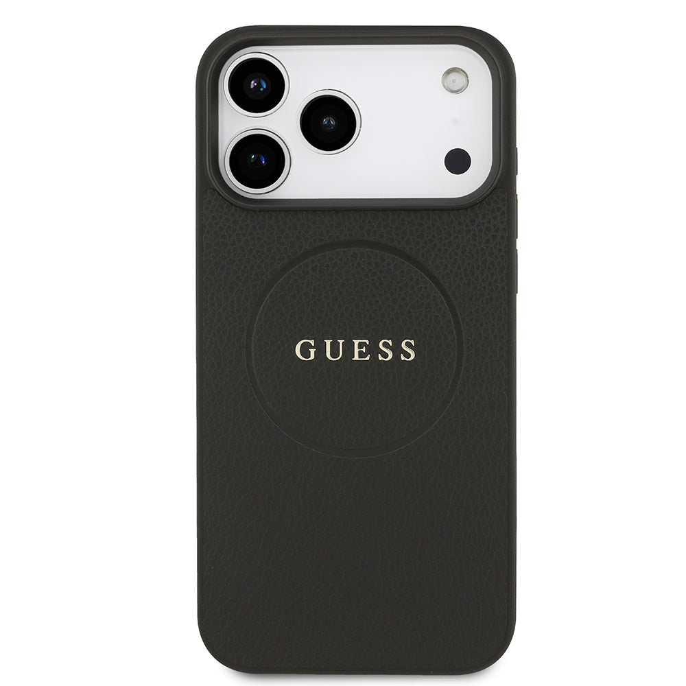Apple iPhone 17 Pro Max Kılıf Guess Orjinal Lisanslı M-safe Şarj Özellikli Yazı Logolu PU Deri Kapak Siyah