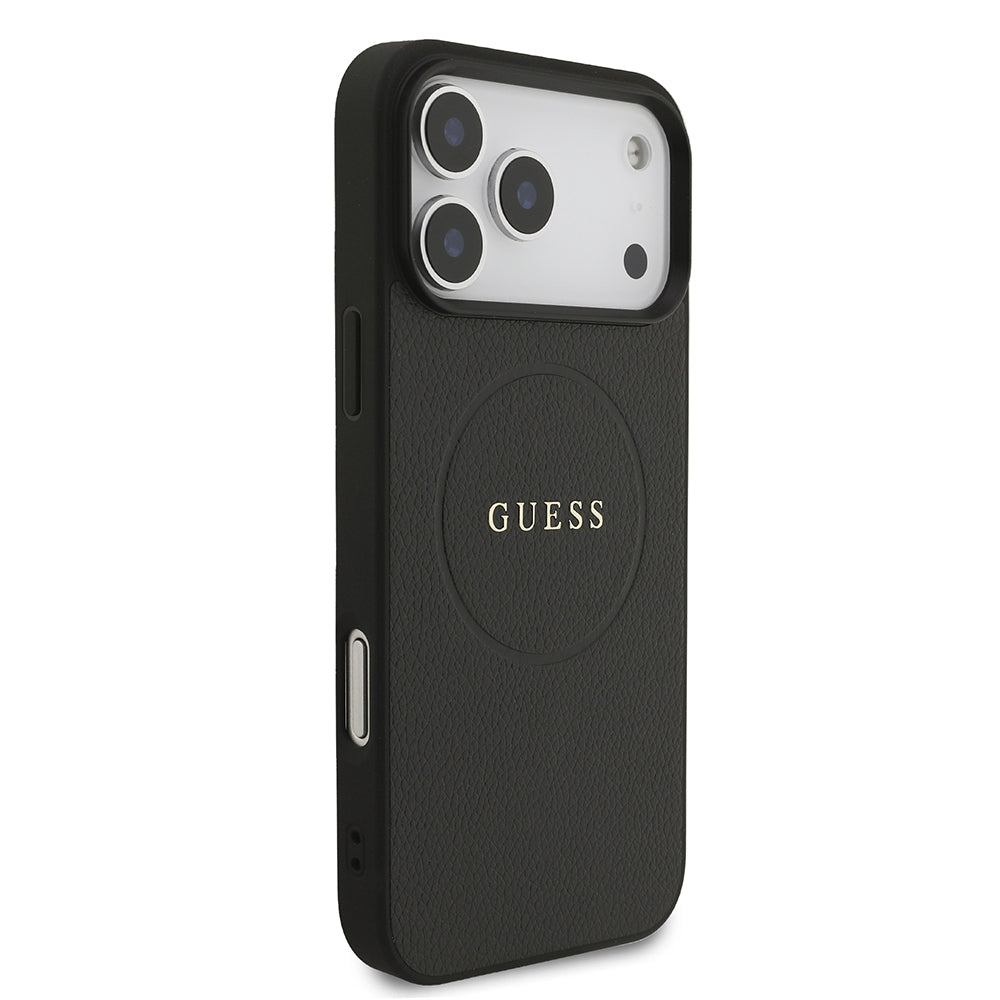 Apple iPhone 17 Pro Max Kılıf Guess Orjinal Lisanslı M-safe Şarj Özellikli Yazı Logolu PU Deri Kapak Siyah