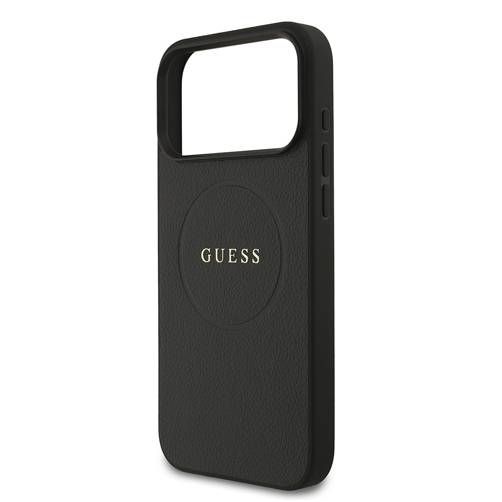 Apple iPhone 17 Pro Max Kılıf Guess Orjinal Lisanslı M-safe Şarj Özellikli Yazı Logolu PU Deri Kapak Siyah