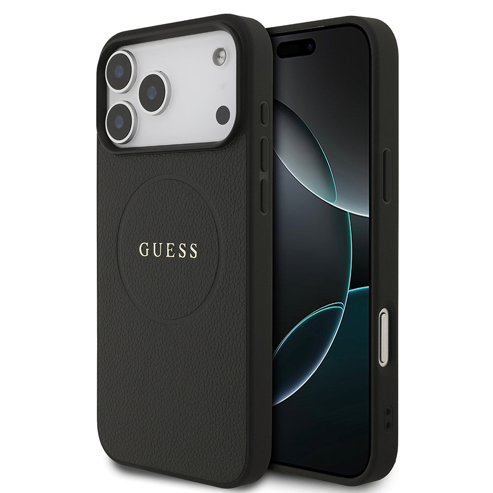 Apple iPhone 17 Pro Max Kılıf Guess Orjinal Lisanslı M-safe Şarj Özellikli Yazı Logolu PU Deri Kapak Siyah