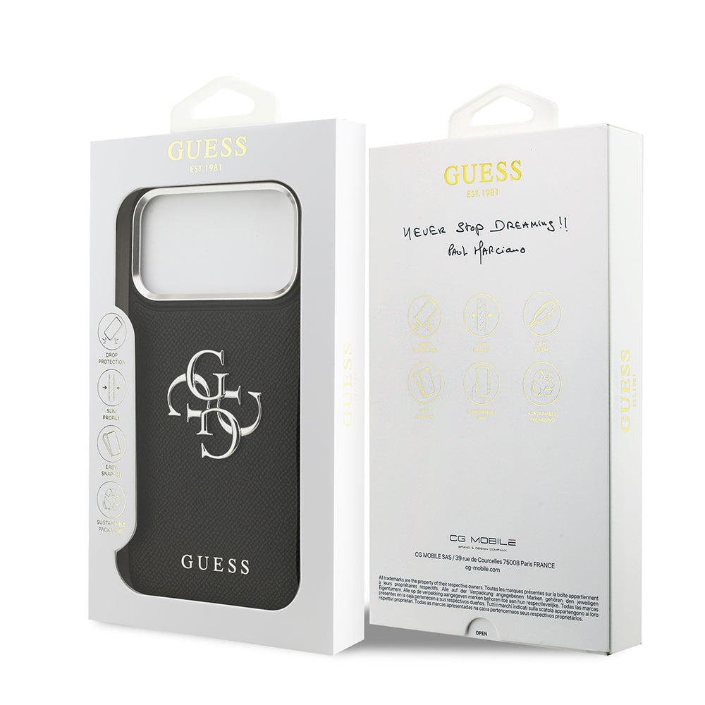 Apple iPhone 17 Pro Max Kılıf Guess Orjinal Lisanslı Metal Kamera Çerçeveli Metal Büyük 4G ve Yazı Logolu PU Deri Kapak Siyah