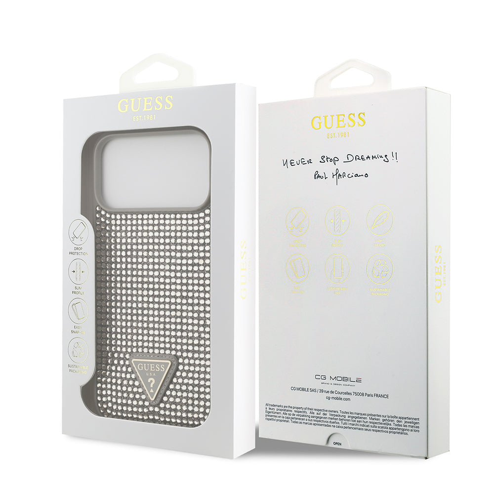 Apple iPhone 17 Pro Max Kılıf Guess Orjinal Lisanslı Taşlı Arka Yüzey Üçgen Logolu Kapak Gümüş