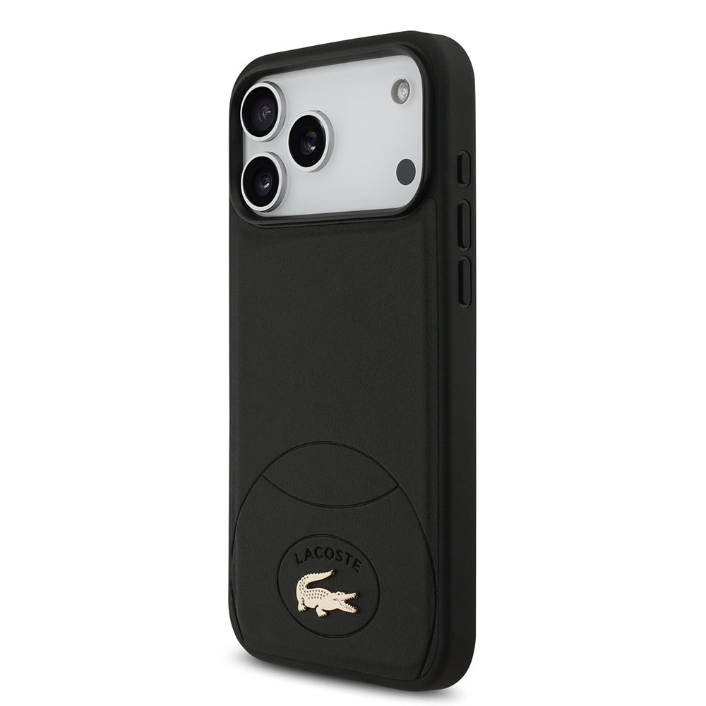 Apple iPhone 17 Pro Max Case Lacoste Original Licensed M-Safe Charging Feature PU Leather Design Metal Logo Cover Black