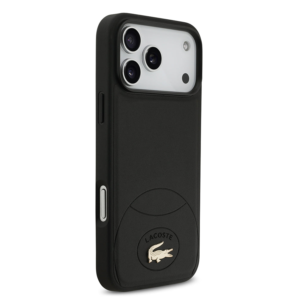 Apple iPhone 17 Pro Max Case Lacoste Original Licensed M-Safe Charging Feature PU Leather Design Metal Logo Cover Black
