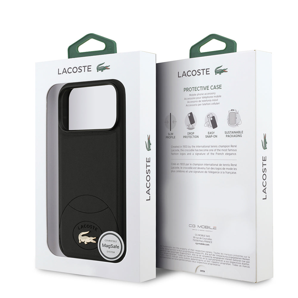 Apple iPhone 17 Pro Max Case Lacoste Original Licensed M-Safe Charging Feature PU Leather Design Metal Logo Cover Black