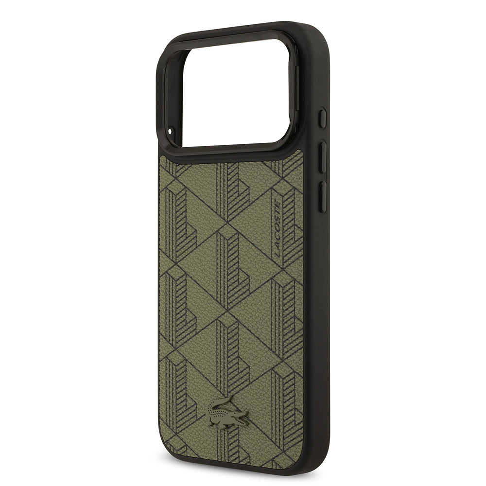 Apple iPhone 17 Pro Max Case Lacoste Original Licensed M-safe Charging Stand PU Leather Mixed Monogram Pattern Cover Green