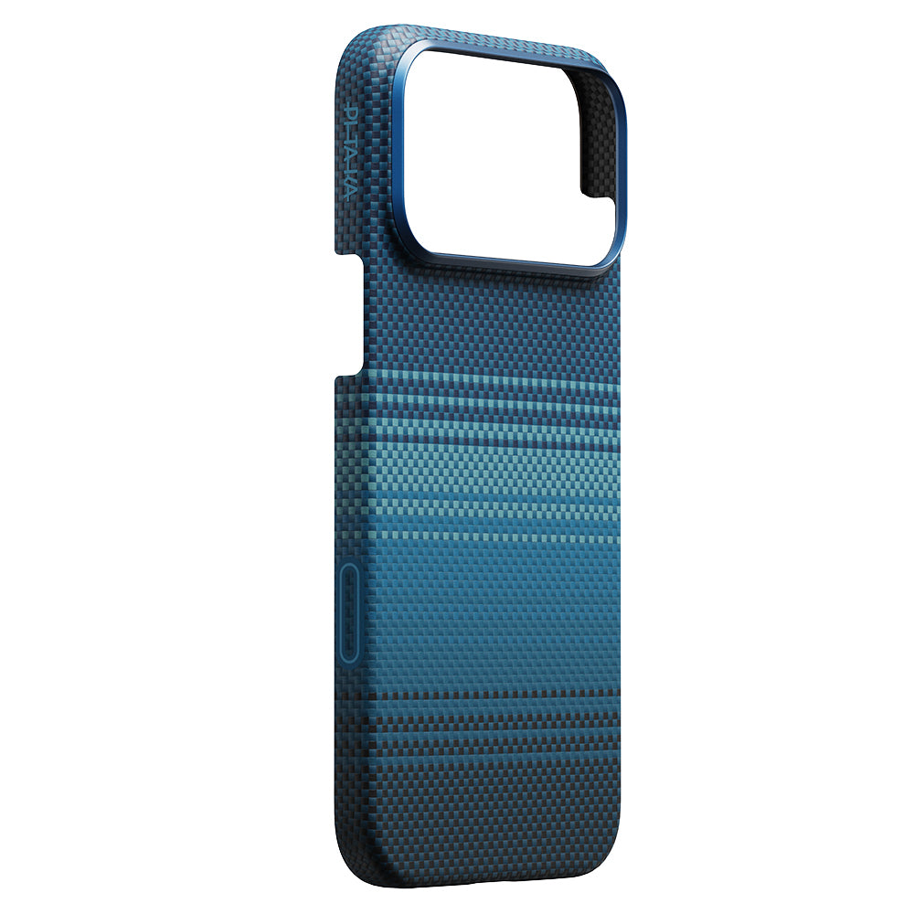 Apple iPhone 17 Pro Max Kılıf M-safe Şarj Özellikli Aramid Fiber Pitaka Tactile Woven Sunset-Moonrise Serisi Sunset Kapak Mavi