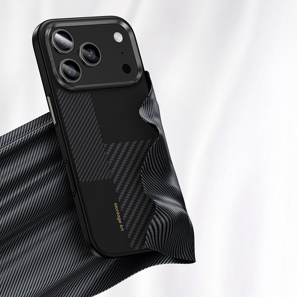 Apple iPhone 17 Pro Max Kılıf M-safe Şarj Özellikli Karbon Fiber Benks Montage Hybrid ArmorPro Kevlar Kapak Siyah