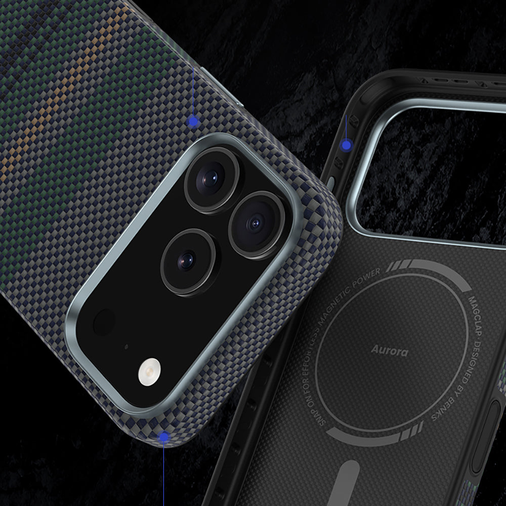 Apple iPhone 17 Pro Max Kılıf M-safe Şarj Özellikli Karbon Fiber Tasarımlı Benks Aurora ArmorPro Kevlar Kapak Yeşil