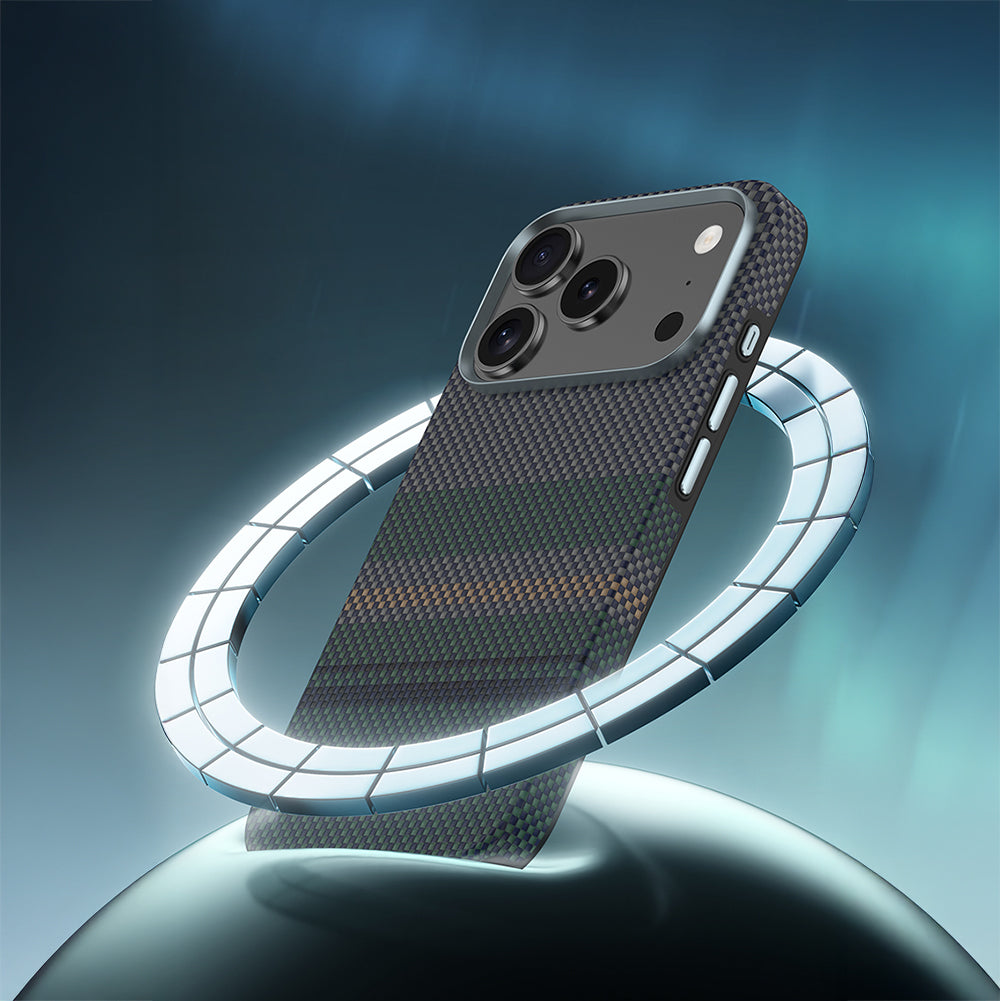 Apple iPhone 17 Pro Max Kılıf M-safe Şarj Özellikli Karbon Fiber Tasarımlı Benks Aurora ArmorPro Kevlar Kapak Yeşil