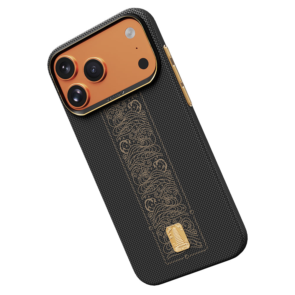 Apple iPhone 17 Pro Max Kılıf M-safe Şarj Özellikli Raptic Aramid Skin Rise Serisi 24 Ayar Altın Kaplamalı Kapak