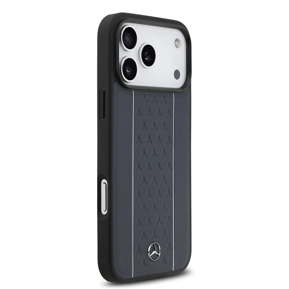 Apple iPhone 17 Pro Max Case Mercedes Benz Original Licensed M-Safe Charging Feature Striped Star Patterned Metal Logo Leather Cover Navy Blue