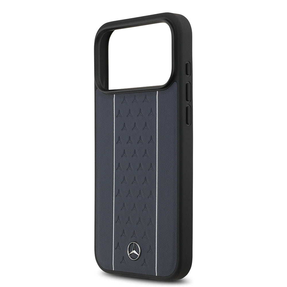 Apple iPhone 17 Pro Max Case Mercedes Benz Original Licensed M-Safe Charging Feature Striped Star Patterned Metal Logo Leather Cover Navy Blue